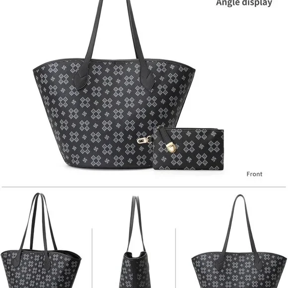 Women's Vegan Leather Tote Shoulder Handbag Set with Wallet for Daily Use - Picture 8 of 8